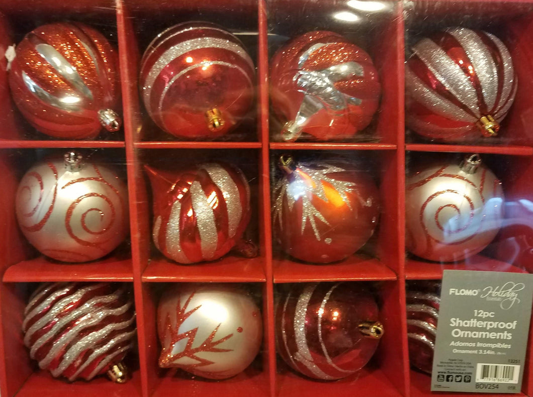 Twelve Shatterproof Ornaments-Box Set- Red/Silver 3