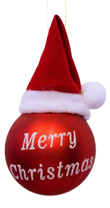 Red Glass Ornament with  Red Santa Hat- Merry Christmas-  2"