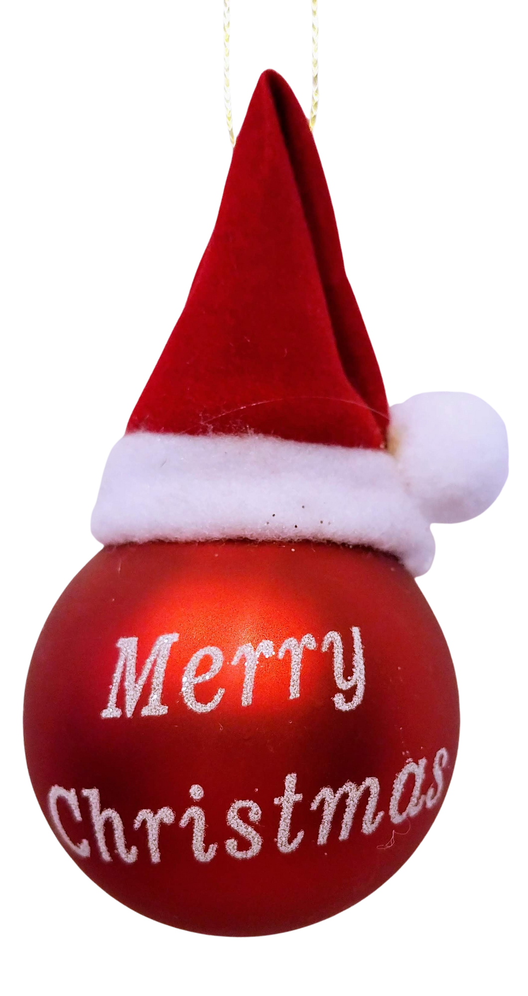 Red Glass Ornament with  Red Santa Hat- Merry Christmas-  2