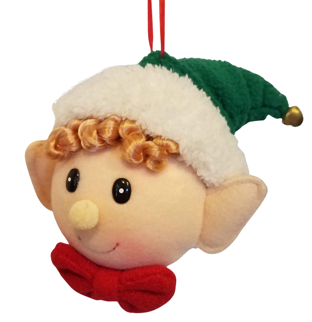 Plush Red/Green Elf Head Ornament with Red Bow Tie 9