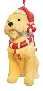 Beige Dog Resin Ornament with Red/White Collar with Candy Cane & Red Hat  4"