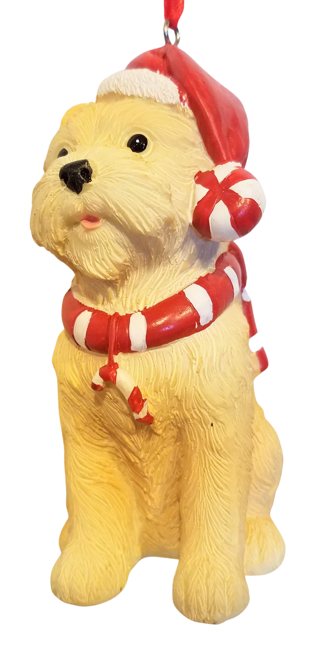 Beige Dog Resin Ornament with Red/White Collar with Candy Cane & Red Hat  4