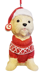 Beige Dog Resin Ornament with Red/White Sweater & Red Hat  4"