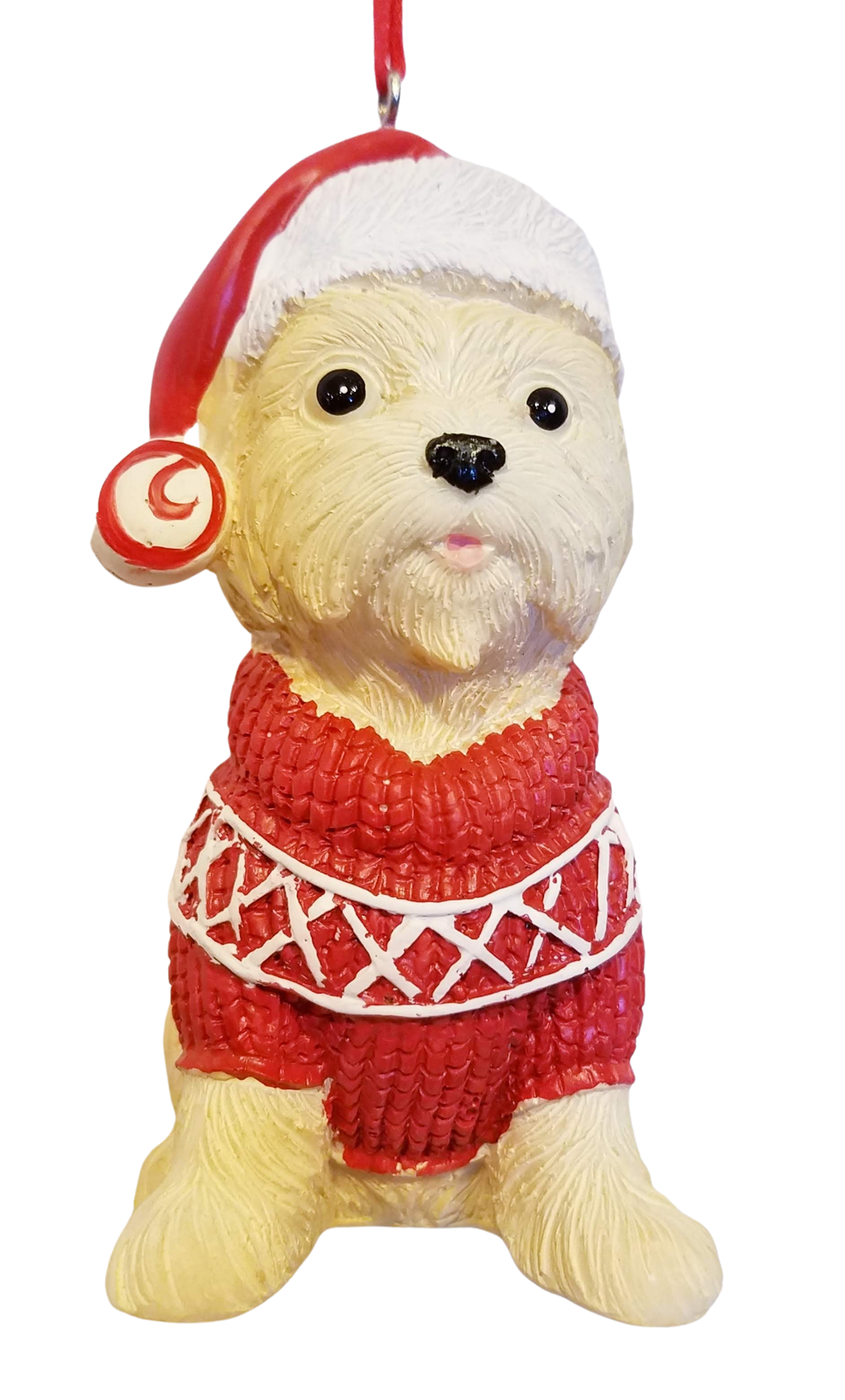 Beige Dog Resin Ornament with Red/White Sweater & Red Hat  4