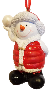 Snowman Ornament Wearing Red Jacket/Red Hat Standing & Throwing a Snowball 3"