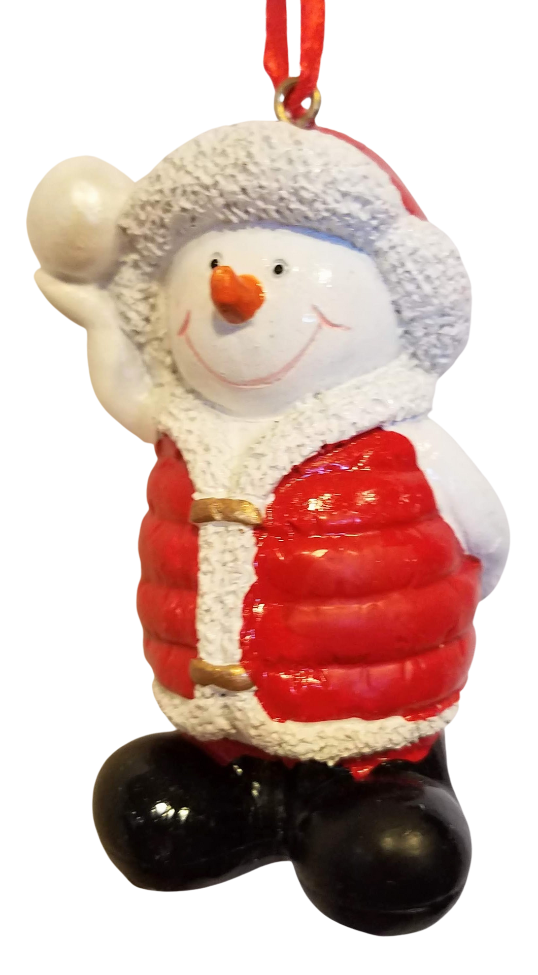 Snowman Ornament Wearing Red Jacket/Red Hat Standing & Throwing a Snowball 3