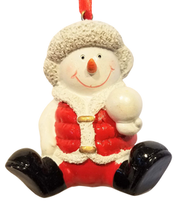 Snowman Ornament Wearing Red Jacket/Red Hat Sitting & Holding a Snowball 3"