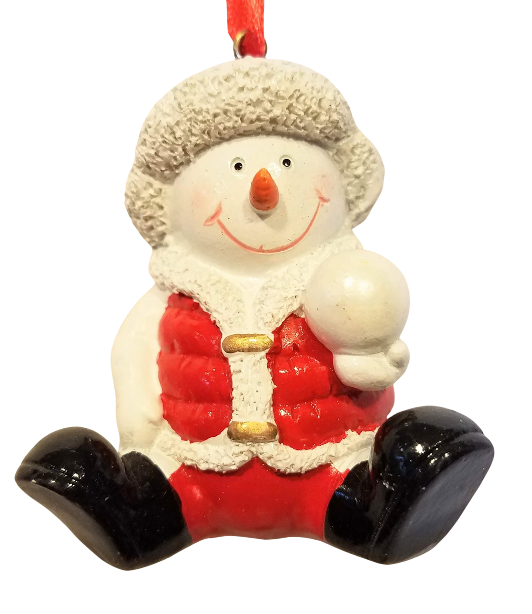 Snowman Ornament Wearing Red Jacket/Red Hat Sitting & Holding a Snowball 3