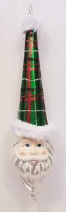 Glass Santa Head Ornament with Tall Green Plaid Hat 10"