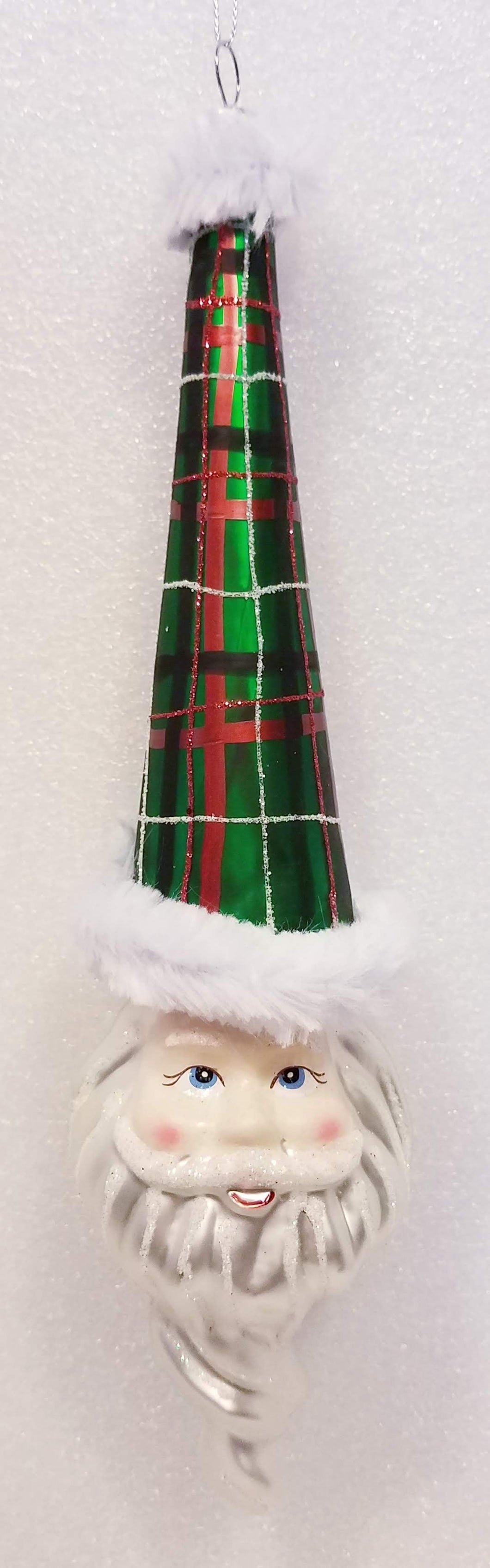 Glass Santa Head Ornament with Tall Green Plaid Hat 10