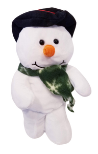 Plush snowman with black hat/green scarf with snowflakes 12"