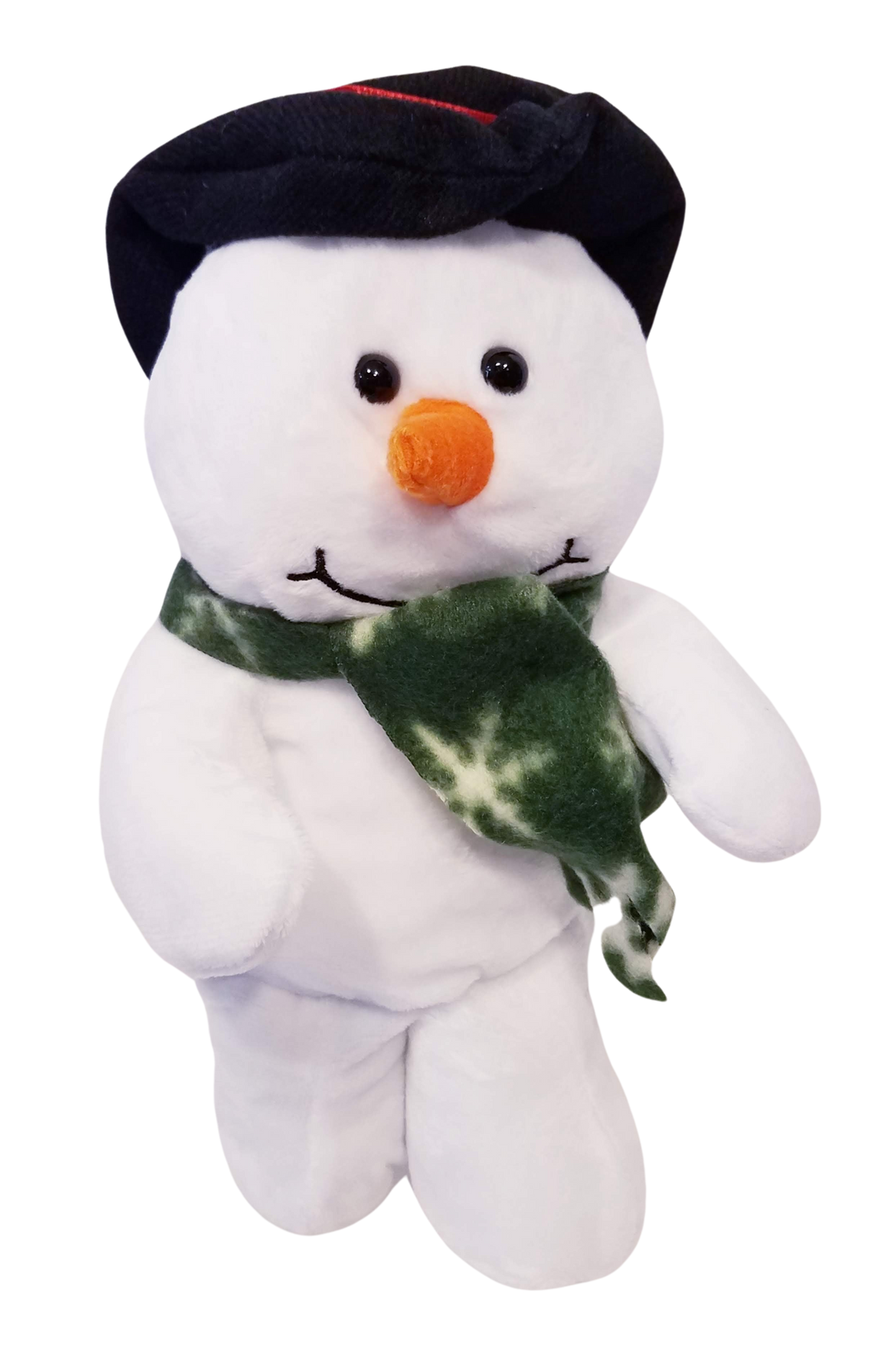 Plush snowman with black hat/green scarf with snowflakes 12