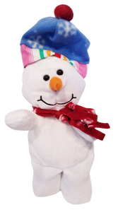 Plush snowman with blue hat/red scarf with snowflakes 12"