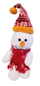 Plush snowman w red hat/red scarf with snowflakes 12"