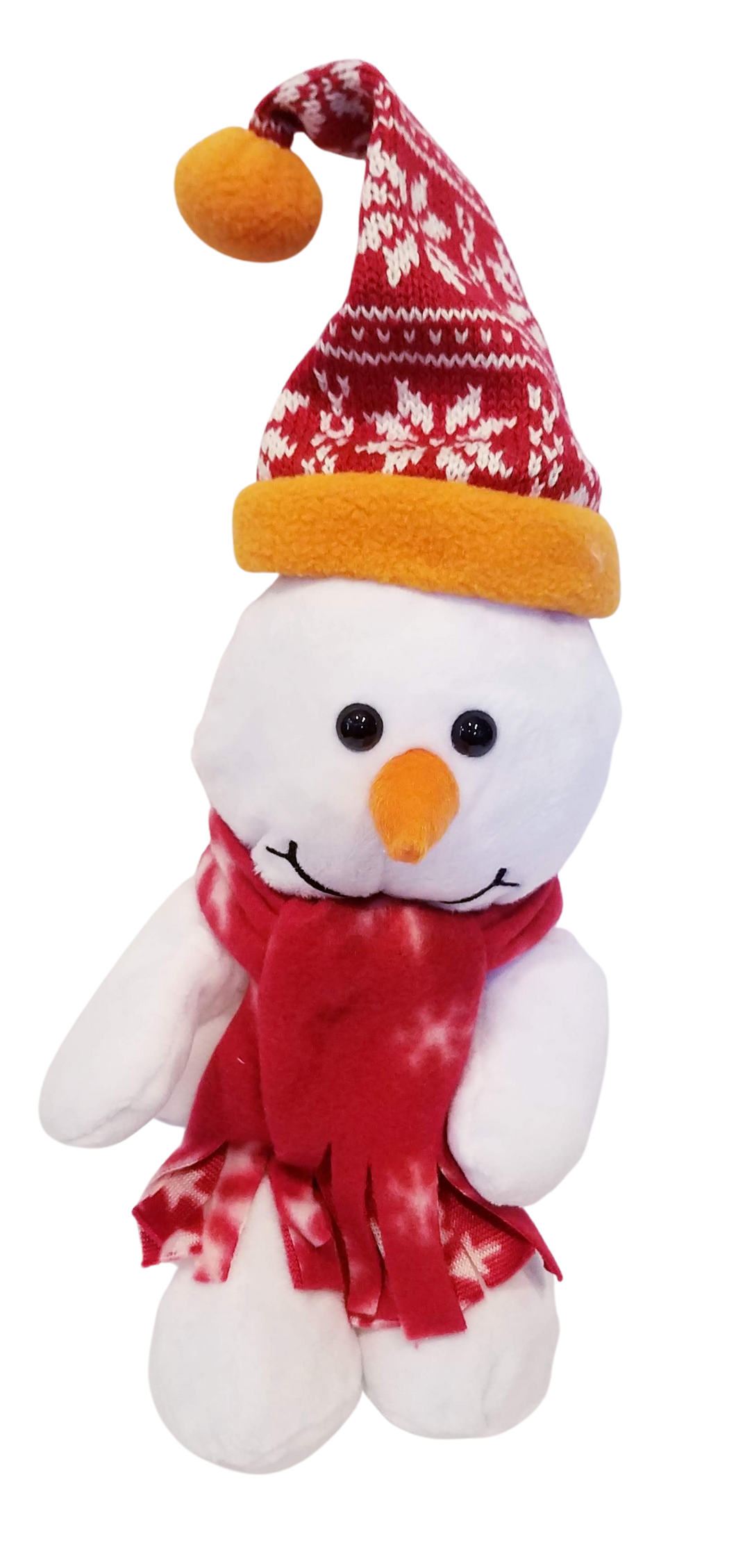 Plush snowman w red hat/red scarf with snowflakes 12
