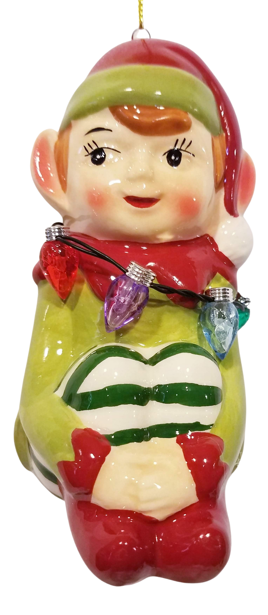 Ceramic Green/Red Elf with Christmas Lights