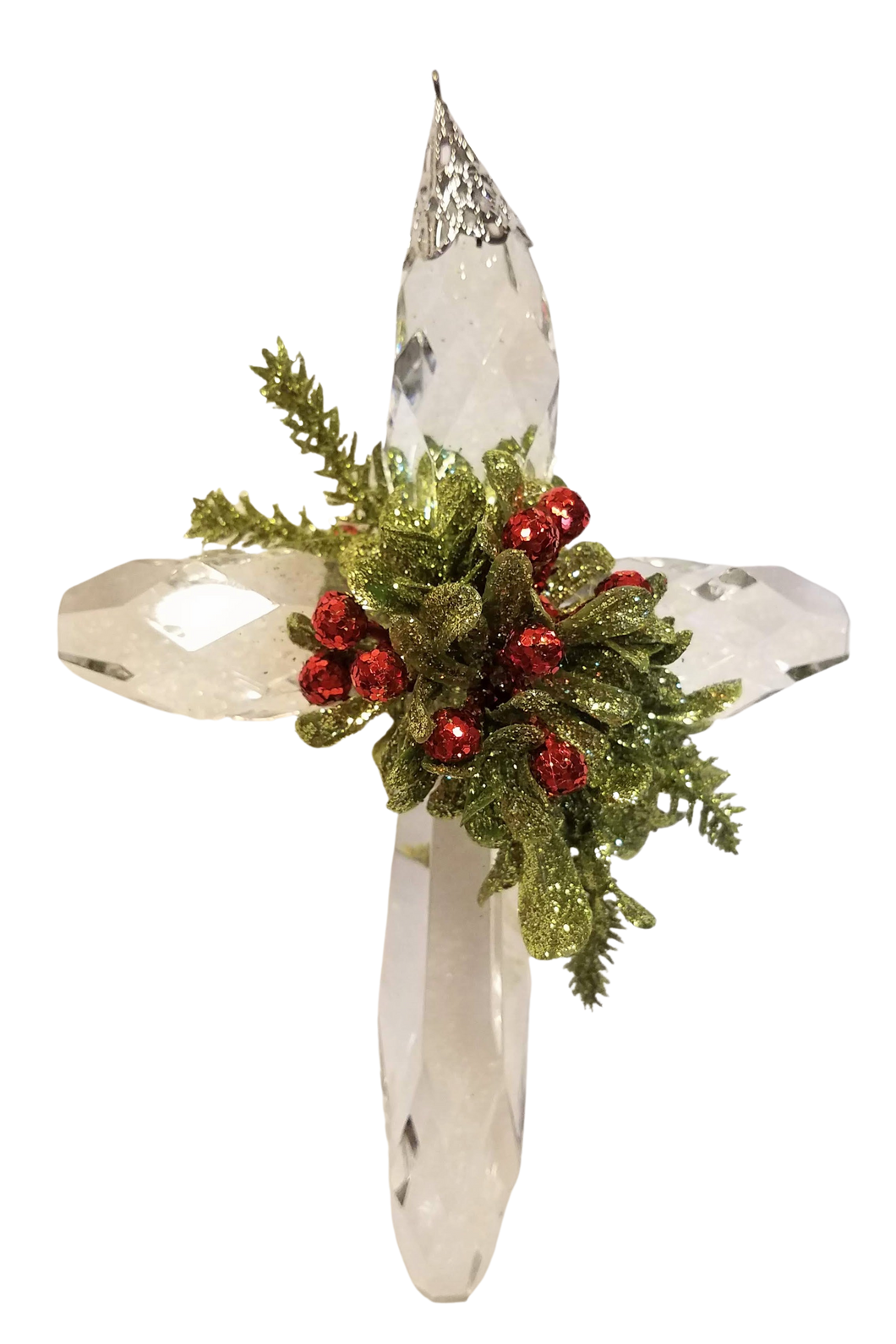Mistletoe Classic Crystal Cross with Red Berries and Greenery Ornament