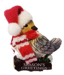 Cozy Bird with Red Scarf and Santa Hat Ornament 3"-Season Greetings