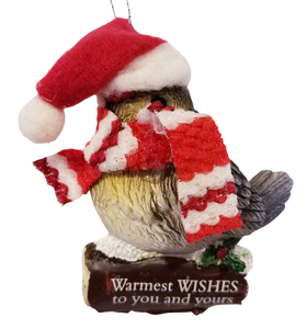 Cozy Bird with Red Scarf and Santa Hat Ornament 3"-Warmest Wishes to You and Yours