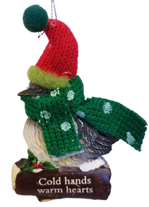 Cozy Bird with Green Scarf and Santa Hat Ornament 3"- Cold Hands and Warm Hearts