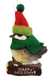 Cozy Bird with Green Scarf and Santa Hat Ornament 3"-Happy Holidays