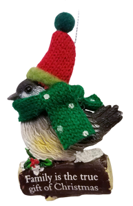 Cozy Bird with Green Scarf and Santa Hat Ornament 3"- Family is the True Gift of Christmas