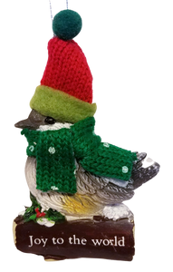 Cozy Bird with Green Scarf and Santa Hat Ornament 3"- Joy to the World