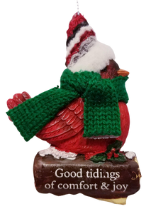 Cozy Bird with Green Scarf and Santa Hat Ornament 3"- Good Tidings of Comfort & Joy