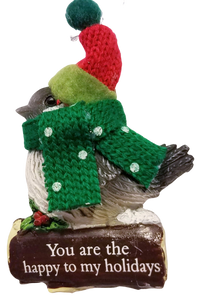 Cozy Bird with Green Scarf and Santa Hat Ornament 3"- You are the Happy to my Holidays