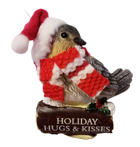 Cozy Bird with Red Scarf and Santa Hat Ornament 3"- Holiday Hugs & Kisses