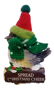 Cozy Bird with Green Scarf and Santa Hat Ornament 3"- Spread Christmas Cheer