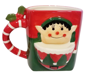 Ceramic Elf Mug Red/Green with Cookie Holder 4"