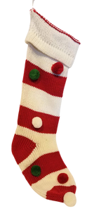 Red/White Knitted Stocking with Red/Green/White Pom Poms 22"