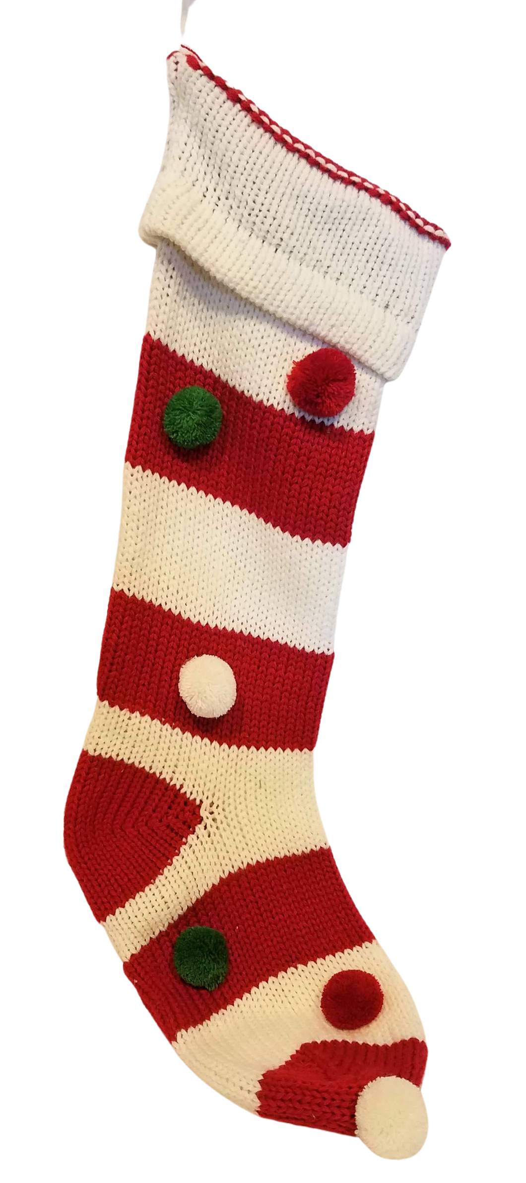 Red/White Knitted Stocking with Red/Green/White Pom Poms 22
