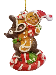 Gingerbread Man Resin Ornament Sitting on Reindeer Holding Candy Cane/Present 3"