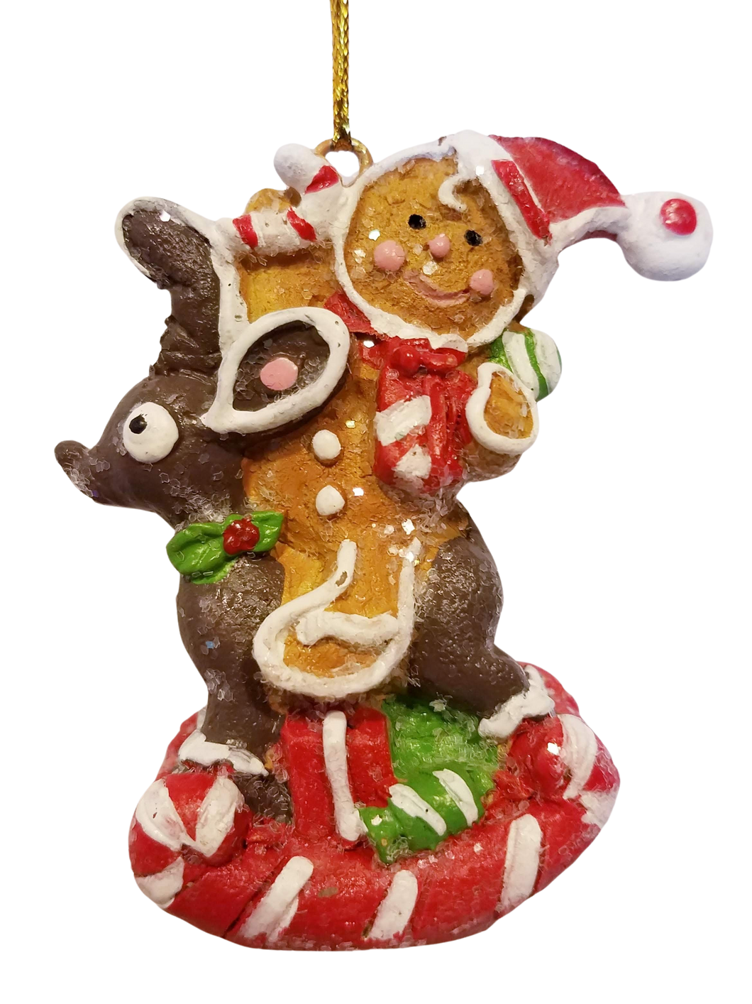 Gingerbread Man Resin Ornament Sitting on Reindeer Holding Candy Cane/Present 3