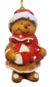 Gingerbread Resin Ornament Wearing Santa Hat/Red Scarf  & Holding Peppermint Candy 3"