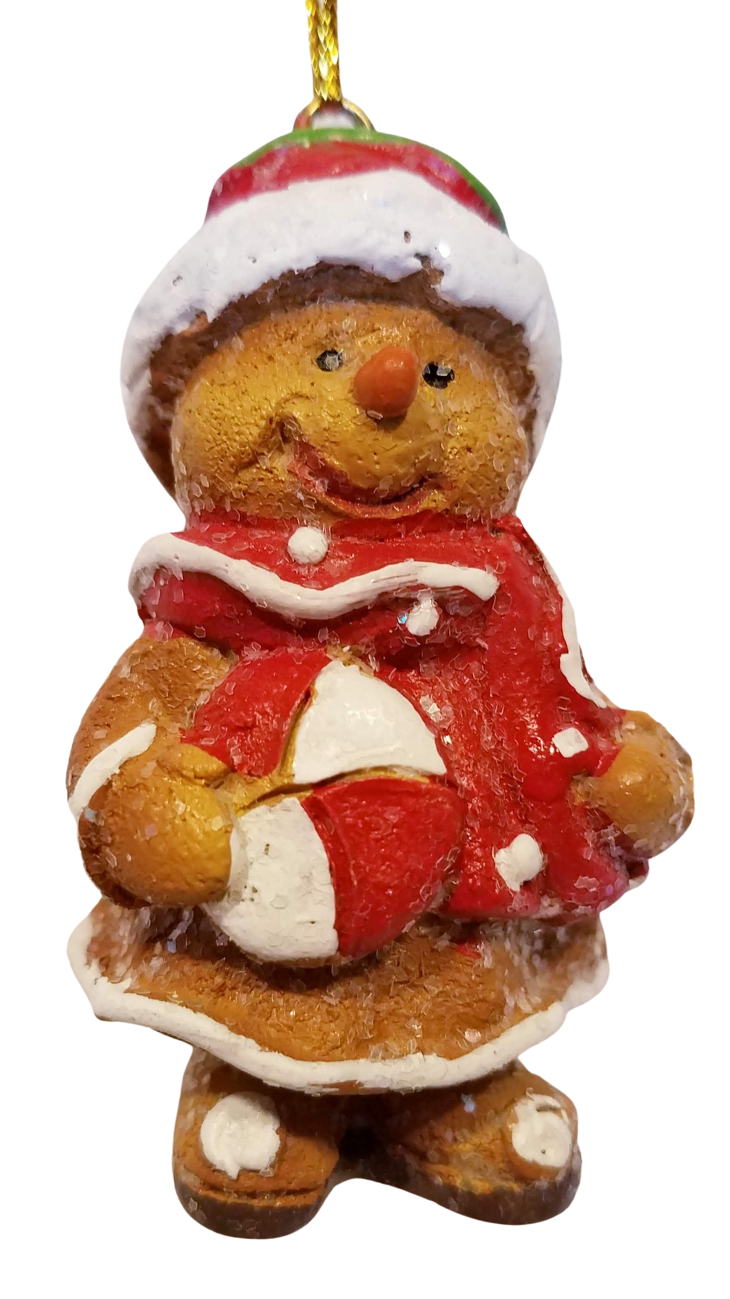 Gingerbread Resin Ornament Wearing Santa Hat/Red Scarf  & Holding Peppermint Candy 3