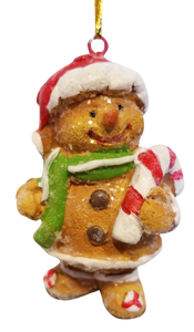 Gingerbread Resin Ornament Wearing Santa hat & Holding Candy Cane 3"