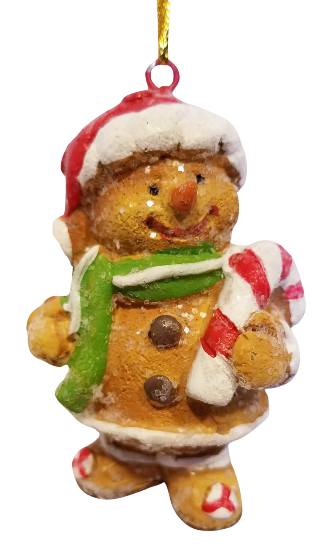 Gingerbread Resin Ornament Wearing Santa hat & Holding Candy Cane 3
