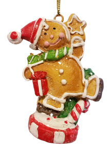 Gingerbread Resin Ornament Wearing Santa Hat with Presents  3"