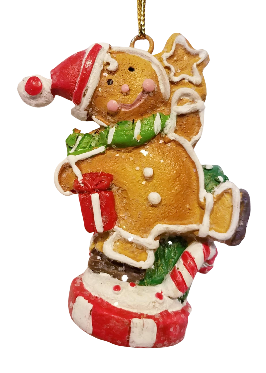 Gingerbread Resin Ornament Wearing Santa Hat with Presents  3