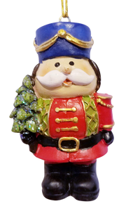 Red Nutcracker Ornament with Blue Hat Holding Christmas Tree