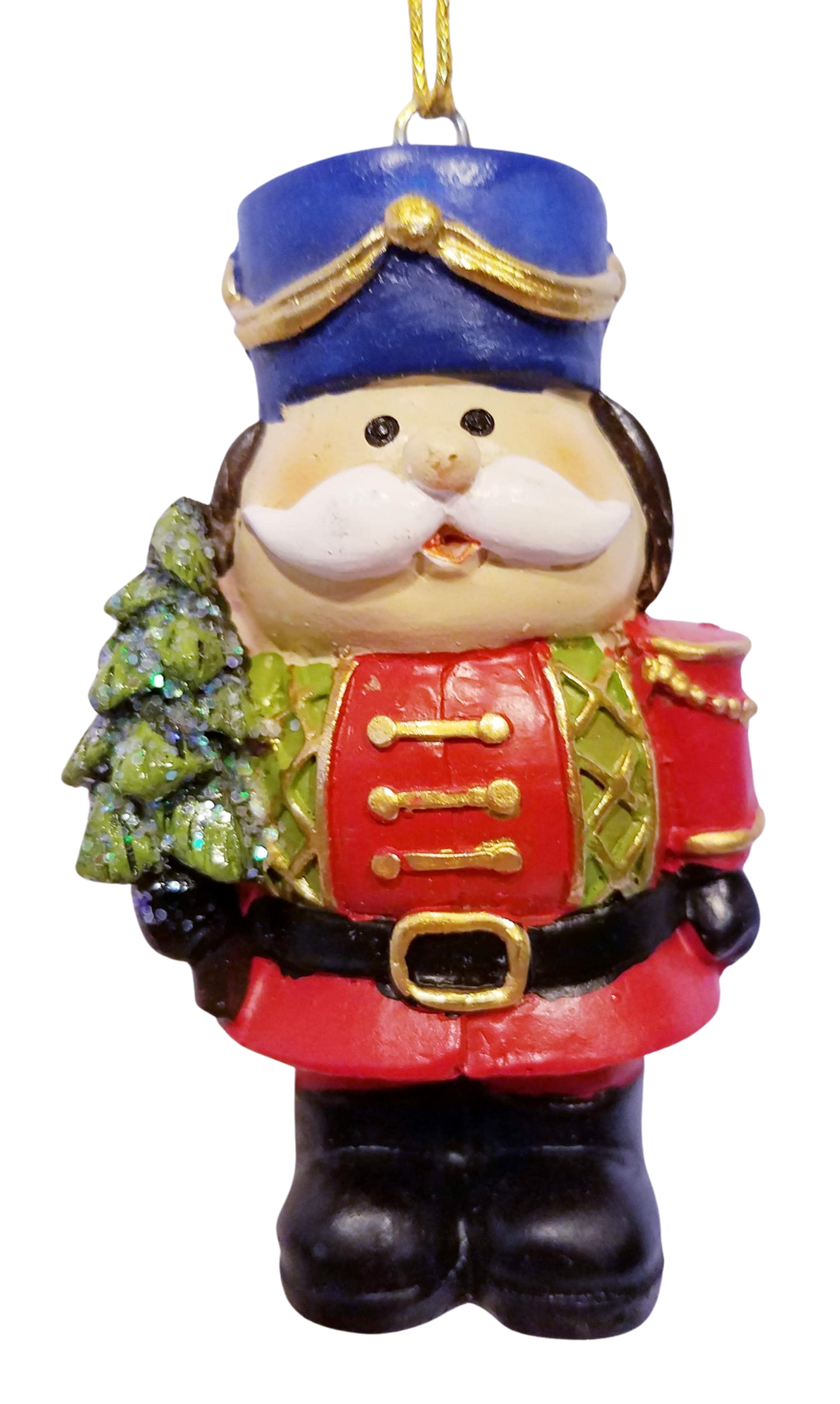 Red Nutcracker Ornament with Blue Hat Holding Christmas Tree