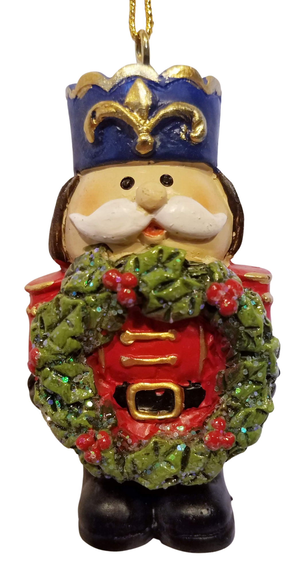 Red Nutcracker Ornament with Blue Hat Holding Christmas Wreath