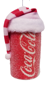 Red Coco Cola Can ornament with Red/White Santa Hat