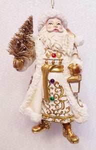 Jeweled White and Gold Santa Ornaments, 2 Assorted