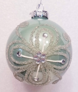 Glass Silver and Pale Aqua Embellished Glass Ball Ornaments