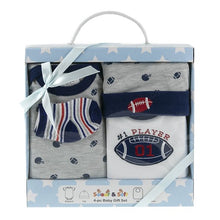 Load image into Gallery viewer, Football Blue/Red/Gray/White 4 Piece Baby Gift Set Box Size 0-6 Months
