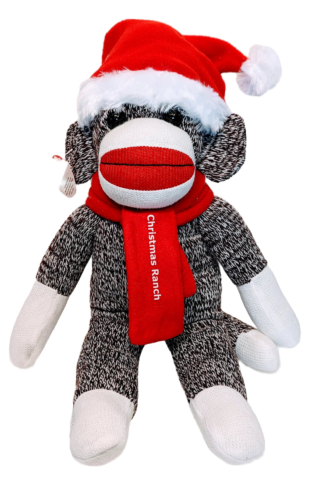 Plush Christmas Sock Monkey with Red Santa Hat & Red Scarf with Christmas Ranch